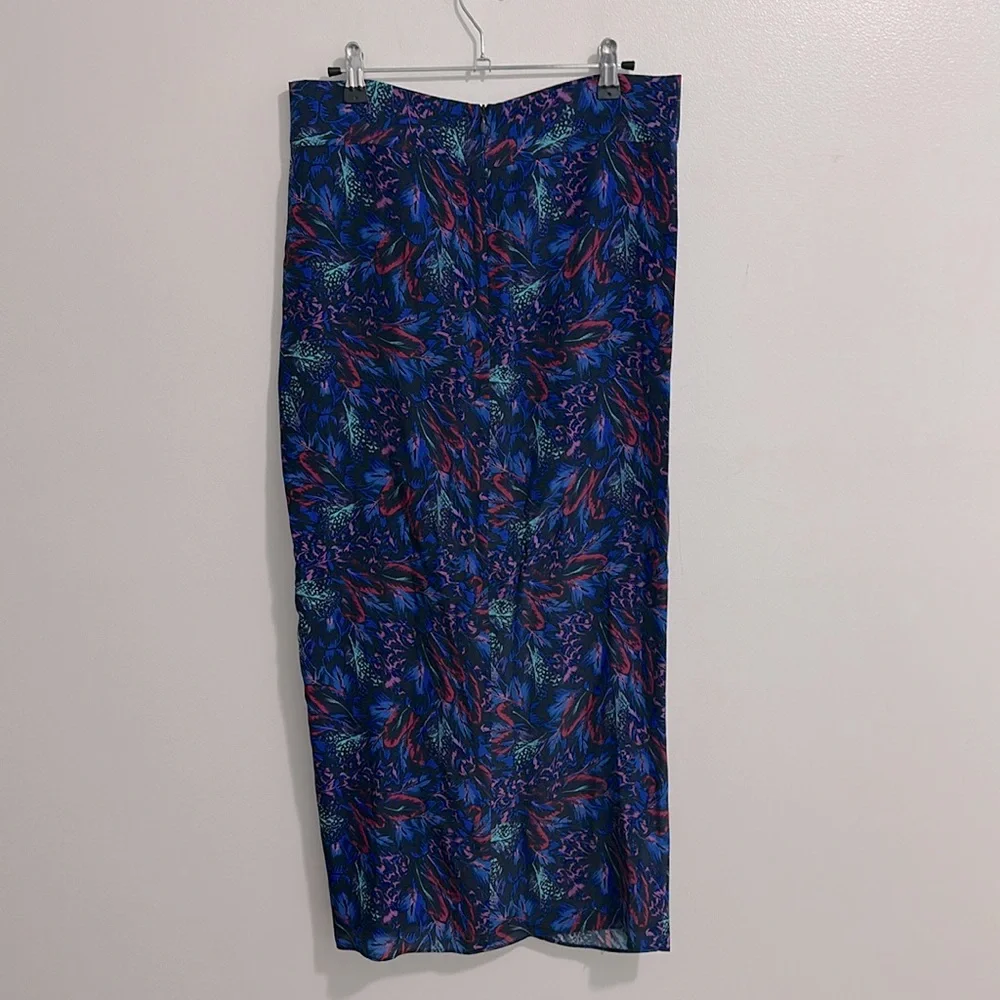 The Kooples Silk Blue Feather Print Midi Skirt with Twist Womens EU 3 US 8